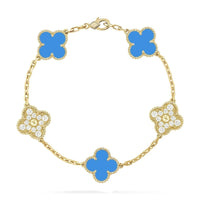 [Luckin Jewelry]CLOVER 5 MOTIF BLUE CHALCEDONY DIAMOND GOLD BRACELET